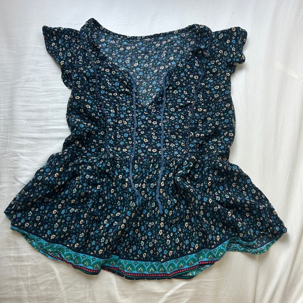 Floral Navy Blue Ruffle Sleeve Women's Blouse